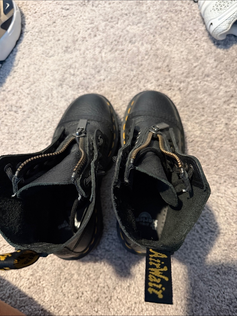 Dr. Martens Kids Black Leather Zip Combat Boots with Yellow Stitching